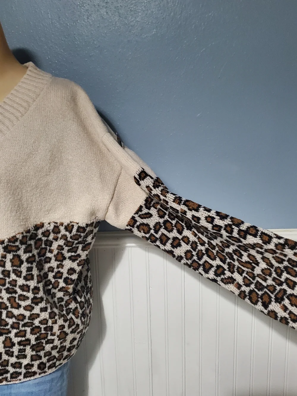 Beige V-Neck Leopard Print Flared Bell Sleeve Colorblock Sweater Fall